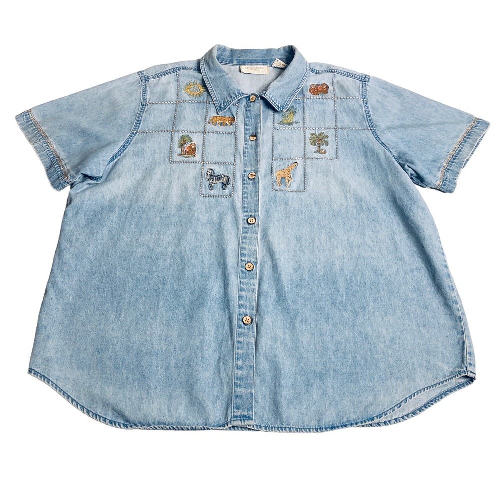Vintage 90s Lemon Grass Top Womens 20 Blue‎ Denim Embroidered Zoo Animal Button